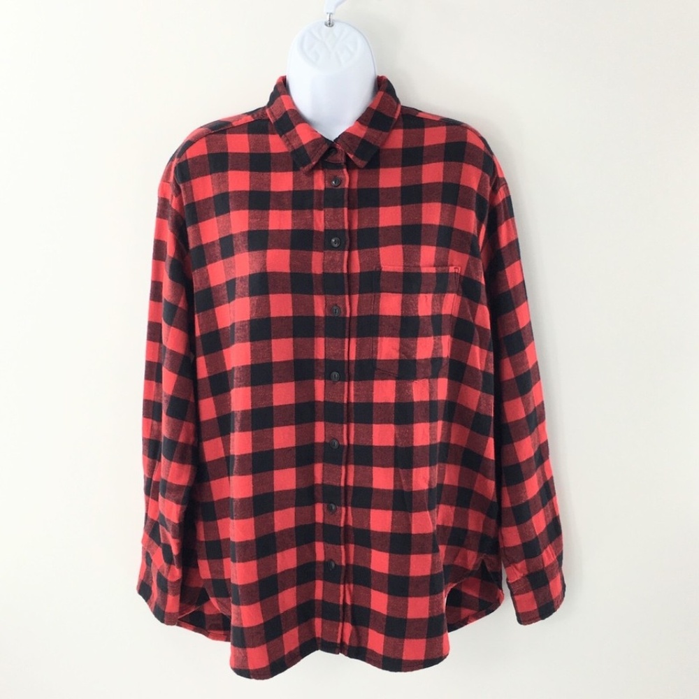 GAP Womens Shirt Button Down Oversized Boyfriend Red Buffalo Plaid Sz MP